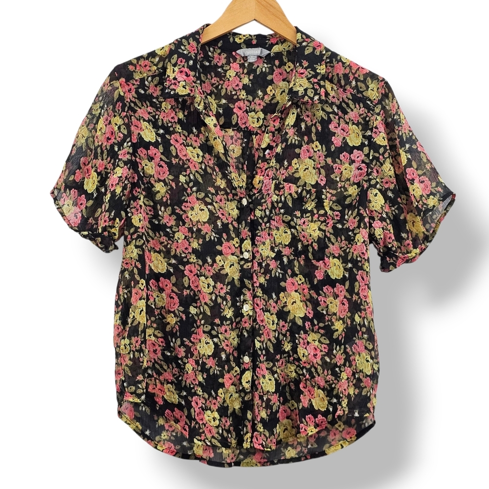 Rubbish Dark Floral Button Front Blouse Size L Black Pink Yellow Lightweight